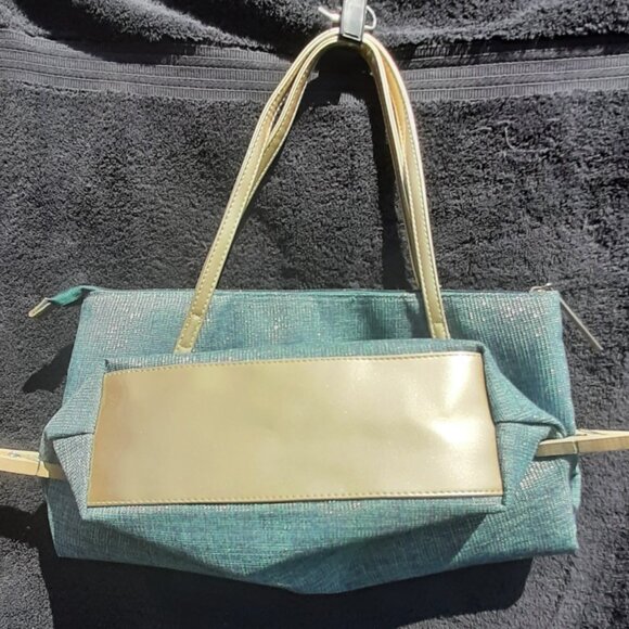 LANCOME  Turquoise/Gold Shoulder Tote Bag LARGE 19"X 16” Adjustable/Lined Logo - Picture 5 of 9